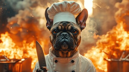 French Bulldog Chef in Action with Fire Background