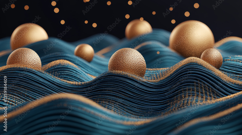 Poster abstract 3d waves with golden spheres floating above