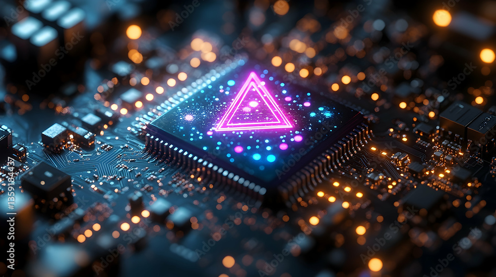 Poster colorful glowing microchip with abstract triangle design amidst a dark circuit board background