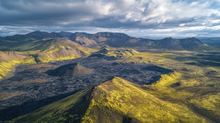 Fototapeta premium Scenic view of volcanic mountain range with lush greenery, clear blue sky, and low-lying clouds.
