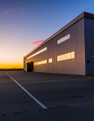 Obraz premium Modern Industrial Warehouse at Sunset with Clear Sky