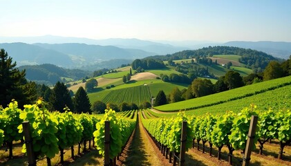 A stunning view of the rolling hills and picturesque vineyards of Saratoga,  landscapes,  peaceful