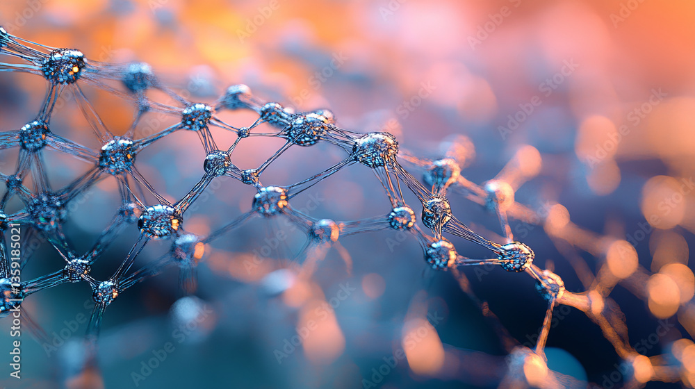 Poster nano structure, crystal lattice, cyber network 3d illustration. neural connections of woven data. de