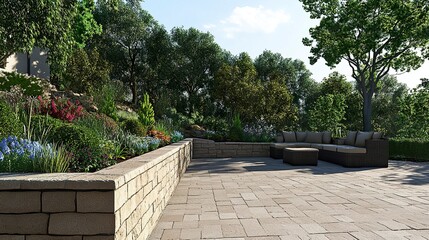 Retaining wall and paver patio clean and polished design cozy seating lush surroundings perfect for outdoor entertainment. 