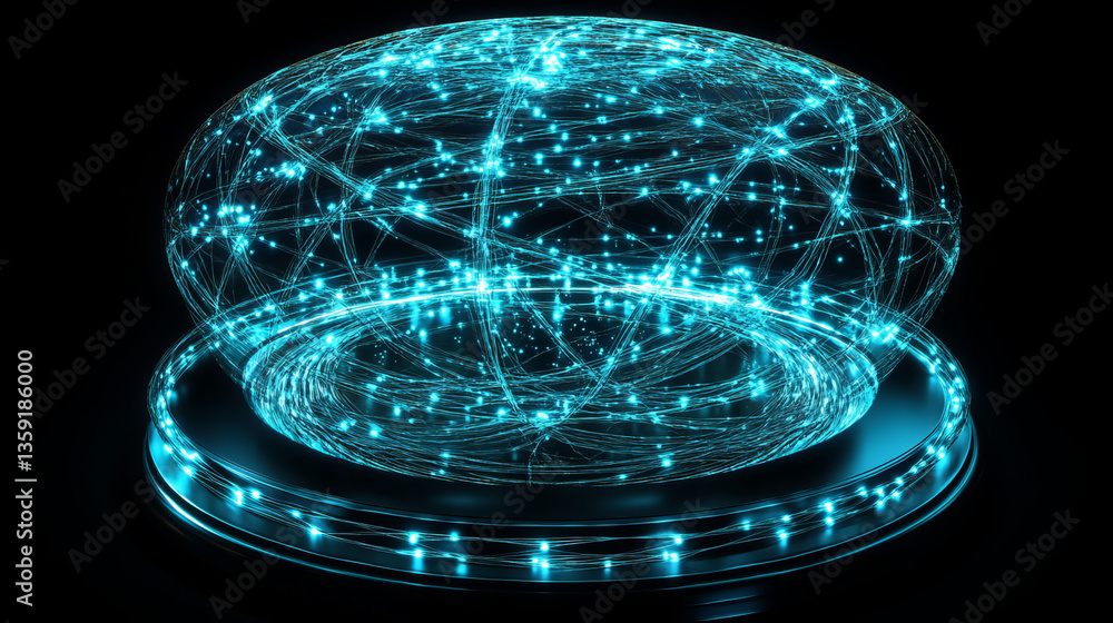 Poster technologies of the future. information funnel. global network. polygonal light grid. 3d portal illu