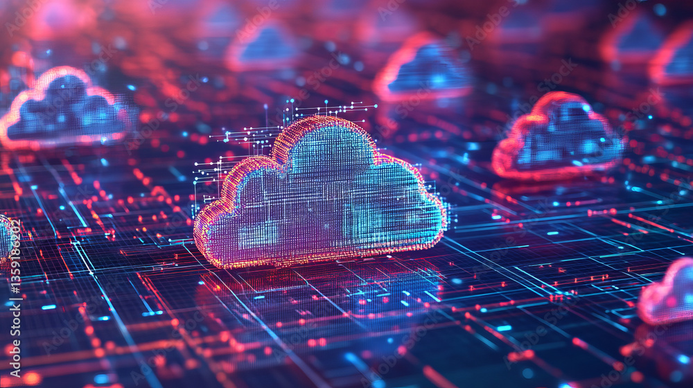 Poster cyber network 3d illustration. cloud technology. blockchain and database security. polygonal grid an