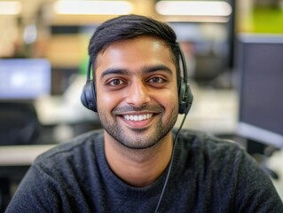 Young male in headset wearing dark jacket, smiling at camera, with modern office environment.