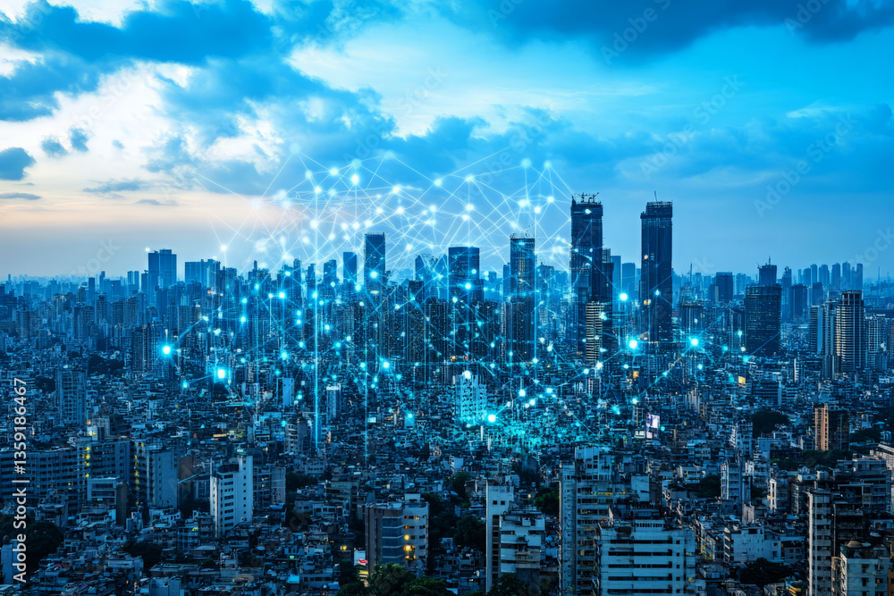 Poster smart city with digital network connection and data transfer technology concept