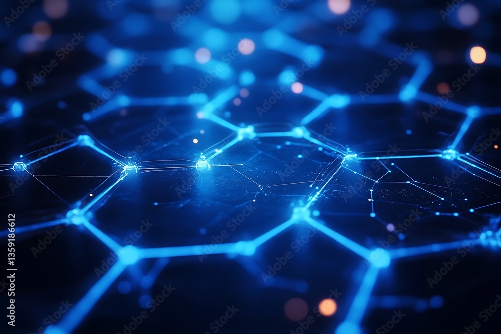 Poster abstract blue glowing hexagonal network.