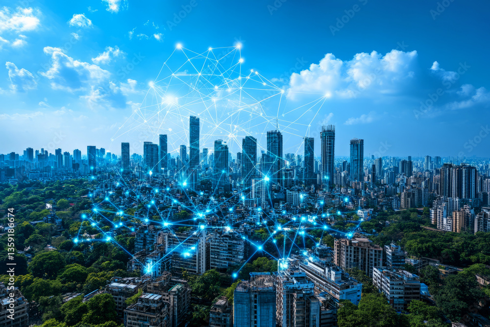 Aufkleber smart city with digital network connection and data transfer technology concept