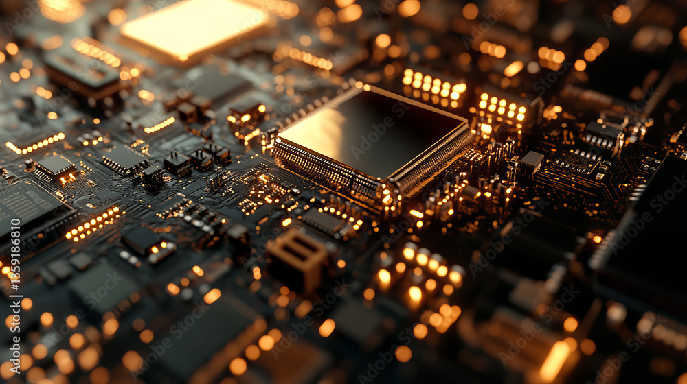 Poster microcircuit 3d illustration. circuit, silicon chip. quantum computer. motherboard. cyberspace of hi