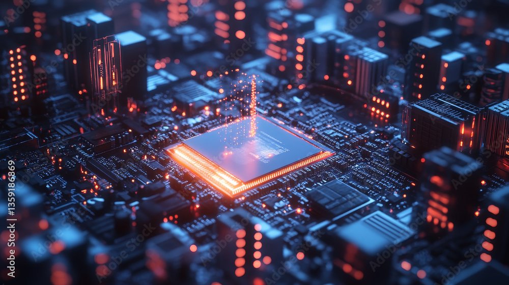 Poster microcircuit 3d illustration. circuit, silicon chip. quantum computer. motherboard. cyberspace of hi