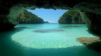 A cave opening leads to clear turquoise waters and green lush islands under a bright blue sky inviting exploration