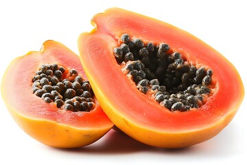 Ripe Papaya Halves with Black Seeds, Fresh Fruit Detail, Healthy Eating, Isolated Shot