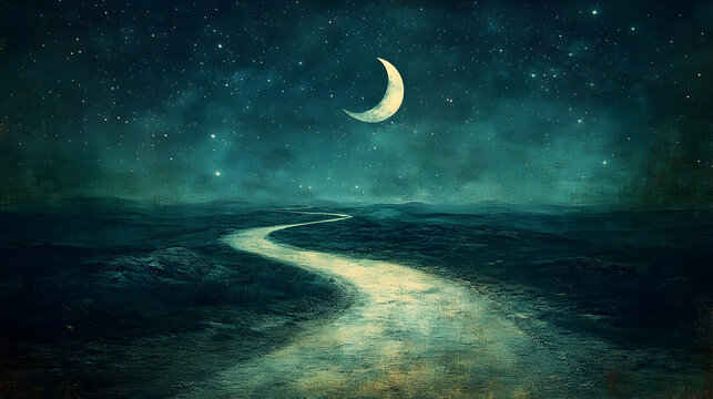 A celestial path illuminated by moonlight stretches across a dark landscape under a star-filled night sky evoking seren