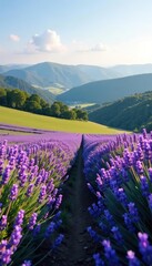 Fototapeta premium A tranquil meadow with rolling hills in the distance, bathed in shades of lavender and violet, meadow, nature