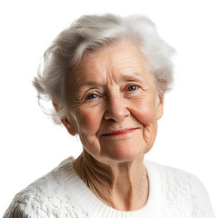 Portrait of a smiling elderly woman with silver hair, embodying grace and wisdom with a serene expression against a bright, clean backdrop.