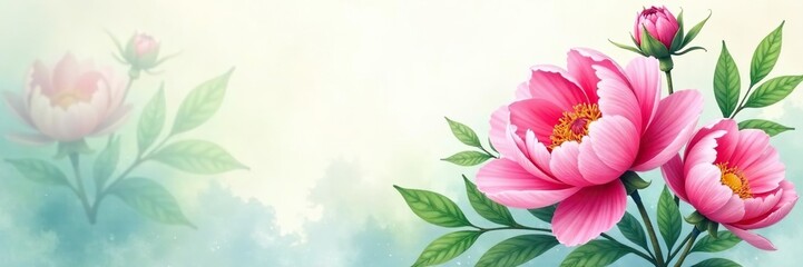 Beautiful and delicate watercolor background featuring vibrant peony flowers in various shades of pink and green,  painting,  botanical