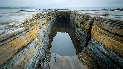A chasm in the rock face filled with water showing eroded layers The horizon line is visible in the distant background