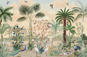 Luxury Wallpapers for Premium Homes, Brand Stores and Hotels, Wall Mural Illustration, Birds, Animals, Watercolor Background.  © Sharif