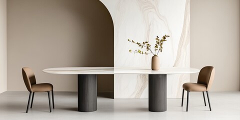 Modern interior features a dining table with chairs and vase