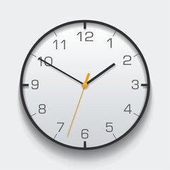 Simple light clock in realistic flat style, with arrow and  numbers. Watch on gray background. Business time. Vector design element for you project