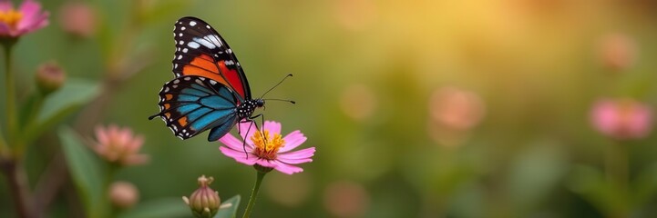 Fototapeta premium Australian butterfly with vibrant colors resting on a delicate wildflower in a natural bush setting, environment, outdoor