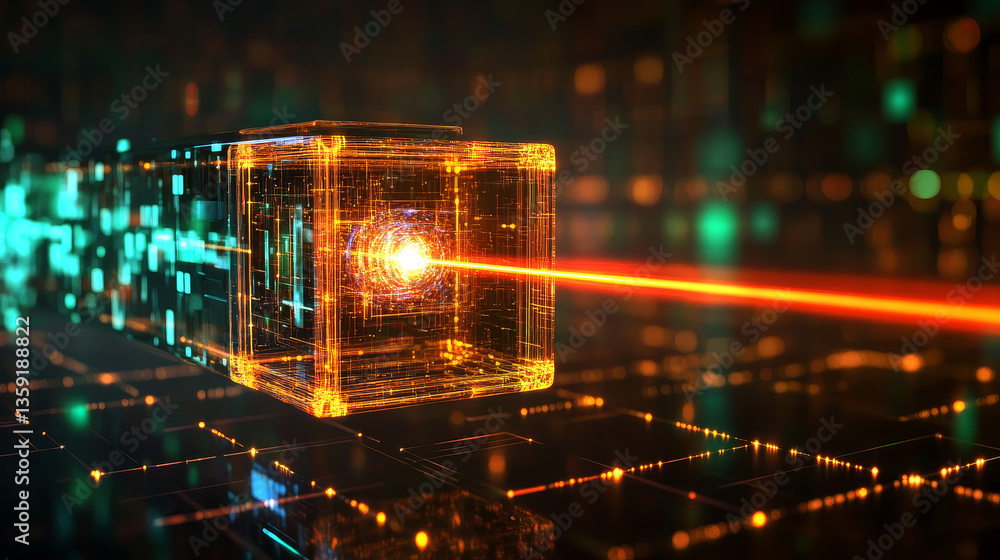 Poster blockchain. quantum computer architecture. fantastic cyberspace technology of the future. secure dig