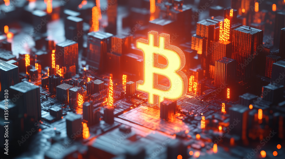 Poster bitcoin 3d illustration. futuristic concept of mining cryptocurrency. blockchain. bitcoin symbol con