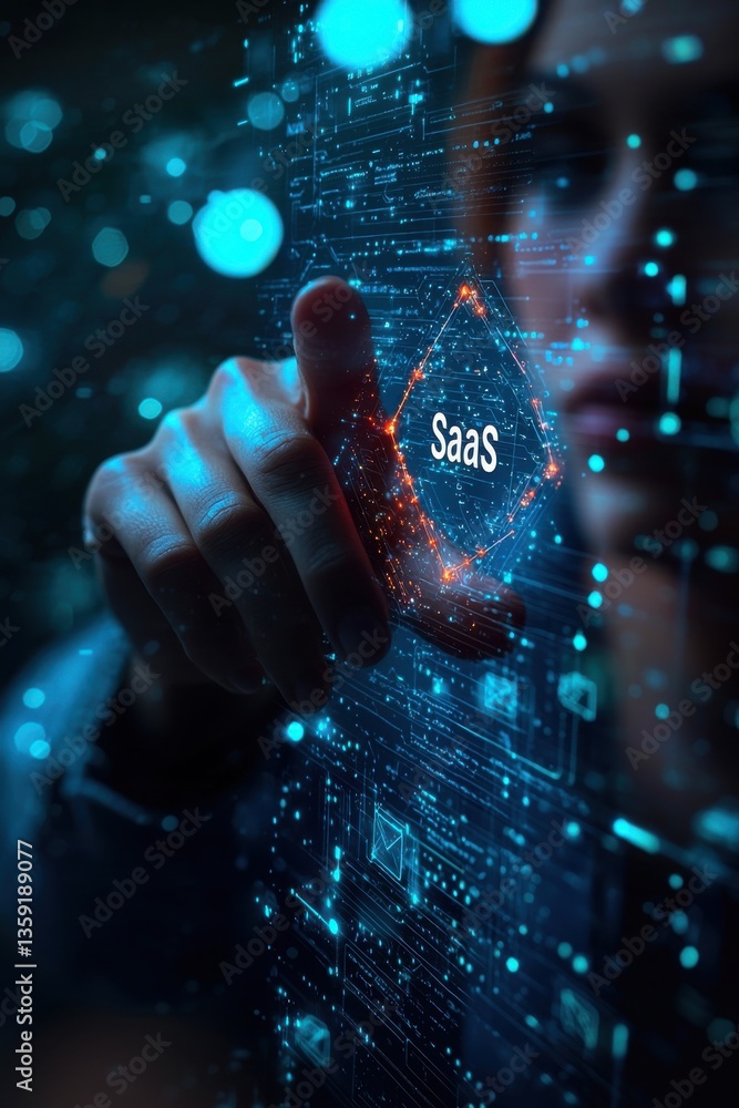 Poster hand interacting with saas icon on a futuristic digital interface