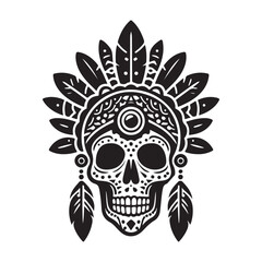 Intricate indian headdress skull silhouette vector design art
