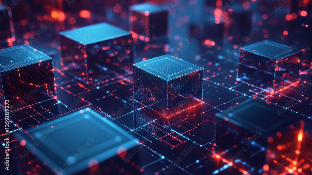Poster blockchain. quantum computer architecture. fantastic cyberspace technology of the future. secure dig