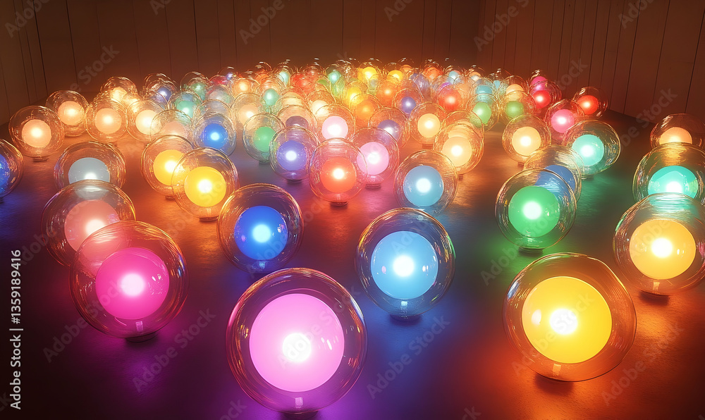 Aufkleber colorful illuminated spheres arranged in a dynamic pattern, creating a vibrant atmosphere indoors