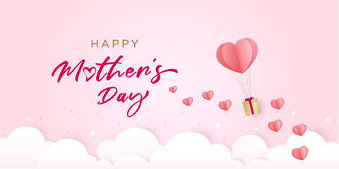 Mother's day banner with paper flying elements and gift box on pink sky background. Vector symbols of love in shape of heart for greeting card design