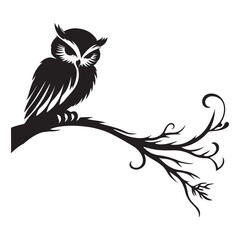 Stylized owl perched on branch vector illustration in black silhouette