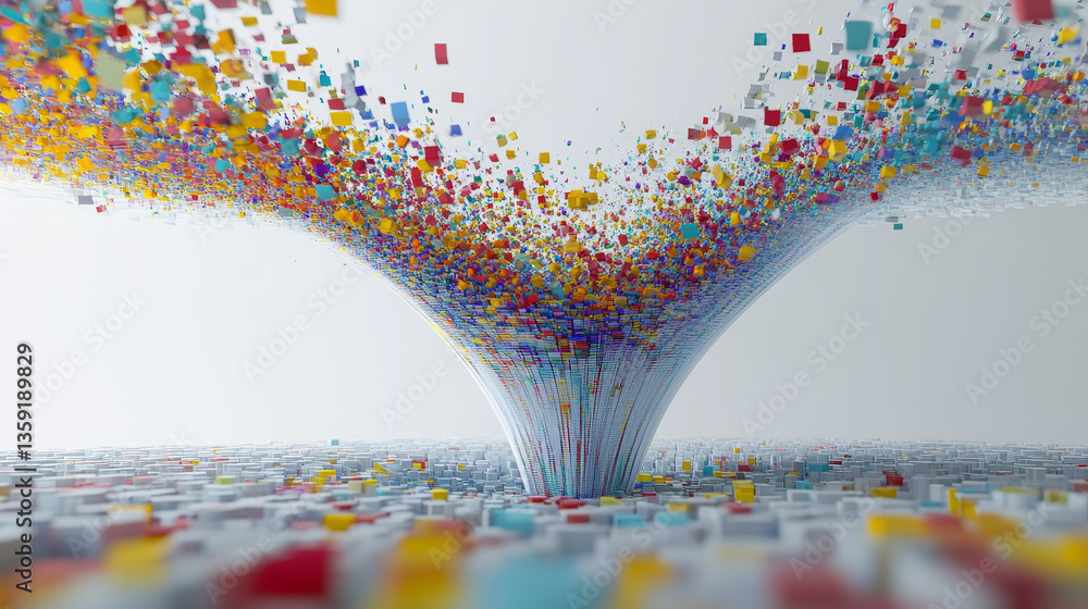 Poster digital field and dot structure 3d illustration. coded funnel of clusters. sorting data. big data an