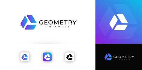 Geometric triangle logo with three abstract gradient parts forming modern tech union symbol. Futuristic digital identity for apps, branding, UI design. Flat minimal vector illustration