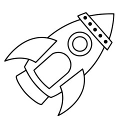 Space rocket coloring page with oval body, pointed nose, round windows, side curved stabilizers, visible engine nozzle, space exploration, imagination