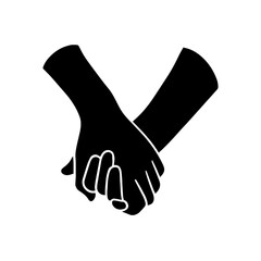 Black silhouette of two hands tightly holding each other, unity, emotional support, strong connection between individuals or partners, solidarity, trust.
