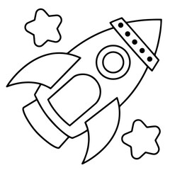 Space-themed coloring of a rocket with two stars. The rocket has an oval shape with round portholes and two side wings. Two stars are located around the rocket, exploration, adventure, infinite univer
