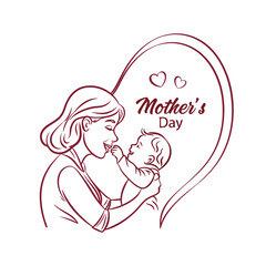 Happy Mother's Day, mother and child line art vector design