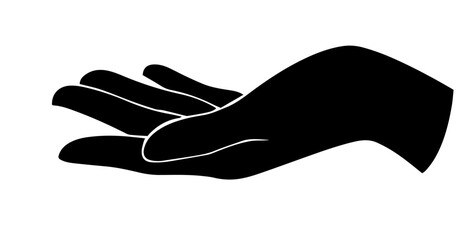 Black silhouette of an open palm facing upward, fingers slightly bent, cupped shape, as if reaching out to receive something, openness, receptiveness, receiving, offering, giving, taking, gesture of r