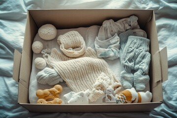 Layette for a newborn baby, complete with soft knitted clothing and accessories in a beautiful box. Perfect as a gift or for expecting parents.