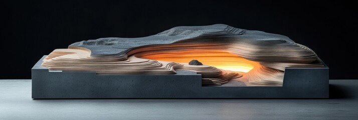 Illuminated landscape sculpture; glowing interior within a grey stone form