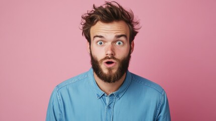 Fototapeta premium surprised man with beard in blue shirt