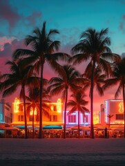 Fototapeta premium Vibrant neon lights at night, palm trees silhouetted against twilight sky; bustling beachfront with people and umbrellas.