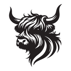 Highland Cow Portrait Silhouette Illustration with Majestic Horns and Shaggy Fur