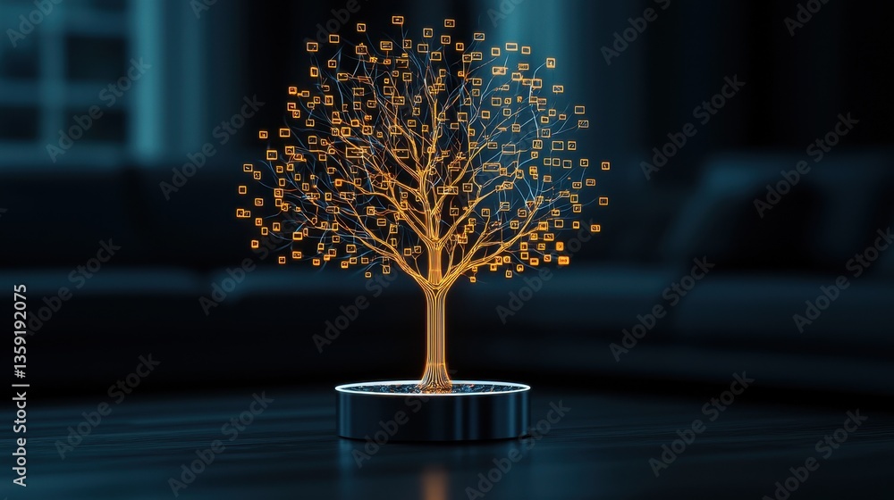 Aufkleber digital tree concept with glowing lines and boxes symbolizing growth, technology, and connection in 