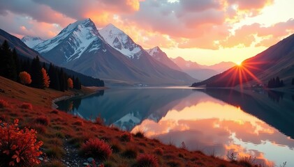 Autumn sunrise at Belukha Mountain and Highland Lake Akkem in Altay Mountains, Russia,  mountains,  Russia
