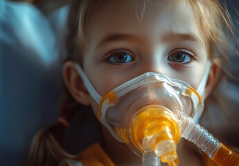 Child in hospital. Child is sick. A little girl breathes through an oxygen mask. The child breathes through a nebulizer. Health concept.
